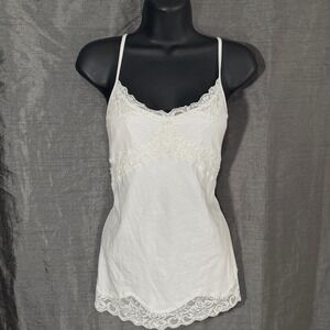WD·NY Womens White Lace Trim Camisole Tank Top Size Large Cotton Spandex Stretch